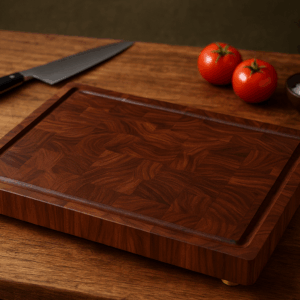 Walnut end grain cutting board with deep juice groove on a wooden countertop beside a chef’s knife, fresh tomatoes, and a bowl of salt.