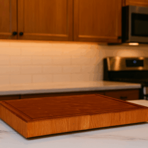 Cherry end grain cutting board with juice groove displayed on a white marble kitchen island in a modern kitchen with wood cabinets and stainless steel appliances.
