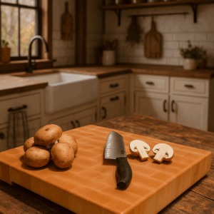 Maple end grain cutting board on a rustic kitchen island with potatoes, sliced mushrooms, and a chef’s knife, set against a warm farmhouse-style kitchen background.